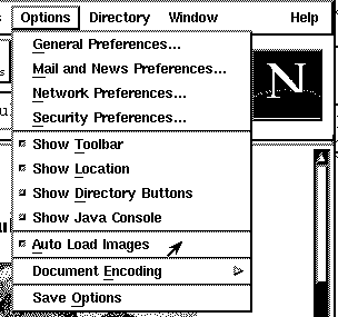 $B?^(B1 Netscape $B$N(B Option $B%a%K%e!<(B (Auto Load Images)